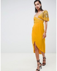 Virgos Lounge Julisa Embellished Wrap Midi Dress In Mustard
