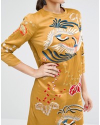 Asos Mustard Embroidered Long Sleeve Shift Dress
