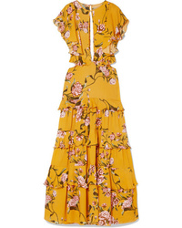 Mustard Floral Silk Maxi Dress