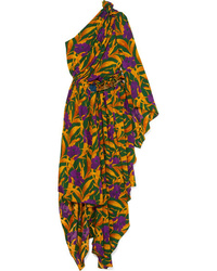 Gucci One Shoulder Appliqud Printed Silk De Chine Dress