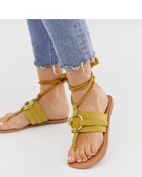 ASOS DESIGN Wide Fit Vantage Leather Ring Detail Tie Leg Flat Sandals In Mustard