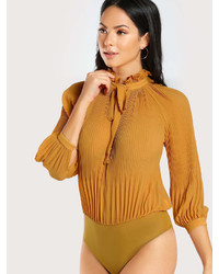 Romwe Frilled Collar Tie Back Pleated Blouse Bodysuit
