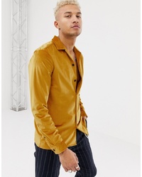 ASOS DESIGN Regular Fit Revere Velour Shirt Mustard