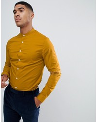 ASOS DESIGN Skinny Shirt In Mustard With Grandad Collar