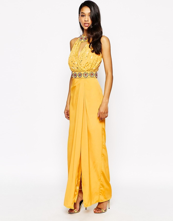 yellow embellished maxi dress