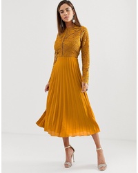 ASOS DESIGN Long Sleeve Lace Bodice Midi Dress With Pleated Skirt
