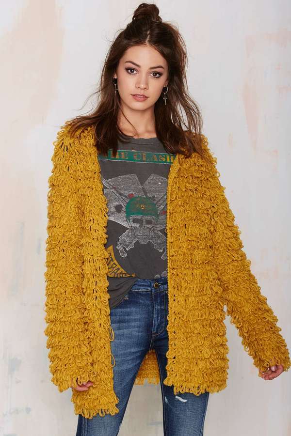 yellow cardigan with lemons