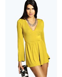 Boohoo Aby Deep V Neck Flare Sleeve Jersey Playsuit