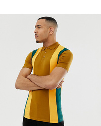 ASOS DESIGN Tall Muscle Polo Shirt With Curved Hem With Vertical Colour Block