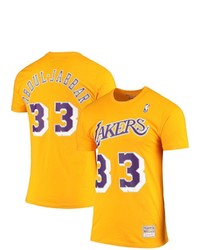 Mitchell & Ness Kareem Abdul Jabbar Gold Los Angeles Lakers Hardwood Classics Stitch Name Number T Shirt