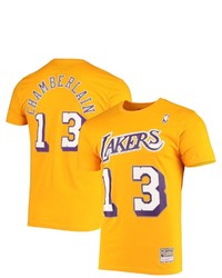 Mitchell & Ness Wilt Chamberlain Gold Los Angeles Lakers Hardwood Classics Stitch Name Number T Shirt