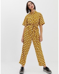 Monki Jumpsuit With Tie Front In Yellow Sheep Print