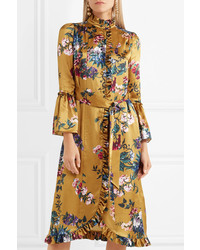 Erdem Siren Ruffled Printed Silk Satin Dress Mustard