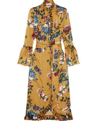 Erdem Siren Ruffled Printed Silk Satin Dress Mustard