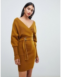Morgan Wrap Front Knitted Pencil Dress In Mustard