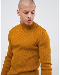 ASOS DESIGN Muscle Fit Ribbed Roll Neck Jumper In Mustard