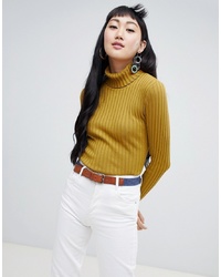 Monki Ribbed High Neck Jumper In Yellow