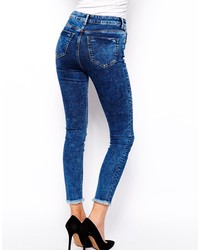 Asos Collection Ridley Skinny Ankle Grazer Jeans In Mottled Acid Wash With Raw Hem