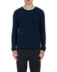 Navy and Green Horizontal Striped Crew-neck Sweater