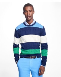 Brooks Brothers Cable Knit Slub Stripe Crewneck Sweater