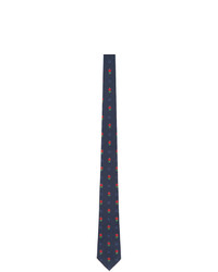 Gucci Navy And Red Silk Flowers Double G Tie