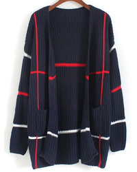 With Pockets Striped Knit White Cardigan