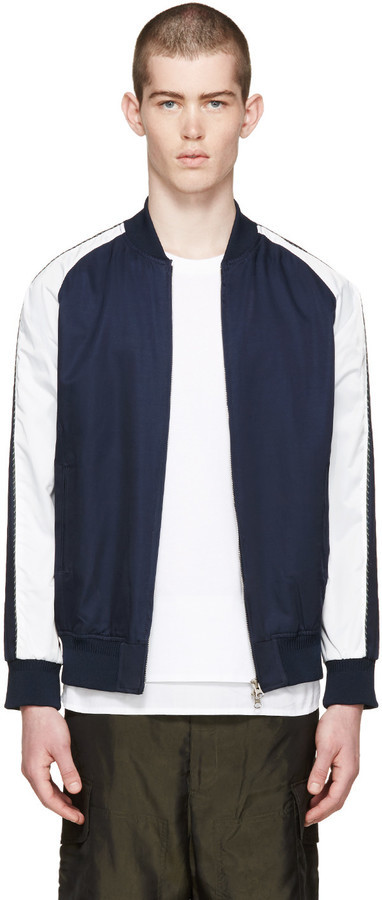 navy and white bomber jacket