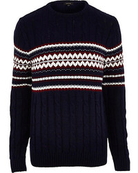 River Island Navy Fair Isle Cable Knit Christmas Sweater