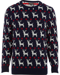 River Island Navy Reindeer Knitted Christmas Sweater