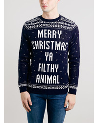 Topman Navy Slogan Christmas Sweater
