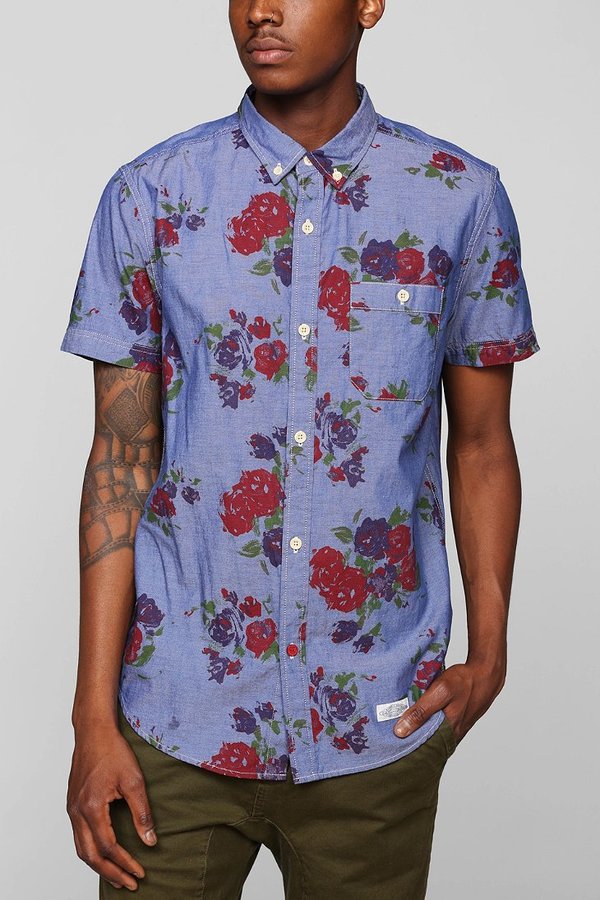 Light Grey Floral Mens Short Sleeve Button up Shirts - Tailored
