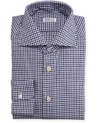 Kiton Wear Unbalanced Gingham Woven Dress Shirt Navy