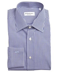 Saint Laurent Yves Navy And White Gingham Cotton Point Collar Dress Shirt