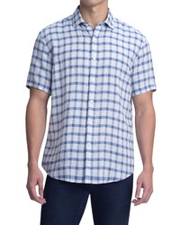 Bugatchi Shaped Fit Short Sleeve Linen Button Up In Sky At Nordstrom