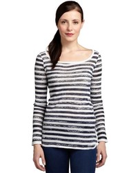Hayden Deep Navy And White Rustic Striped Linen Pullover Sweater