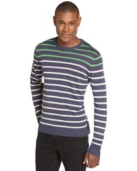 Cullen Navy Ecru And Grass Striped Cotton Crewneck Sweater