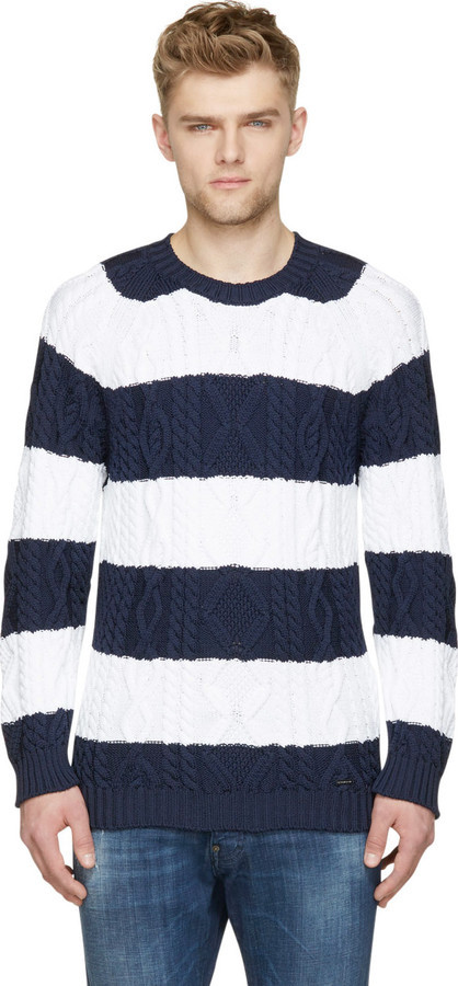 DSQUARED2 Navy White Striped Cable Knit Losange Sweater | Where to ...
