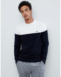 Fred Perry Panelled Crew Neck Knitted Jumper In Navywhite