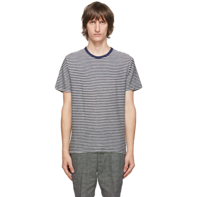 Officine Generale Navy And Off White Striped T Shirt, $120 | SSENSE ...
