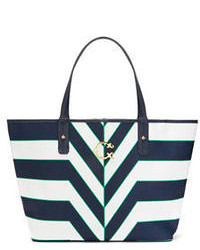Navy and White Horizontal Striped Leather Tote Bag