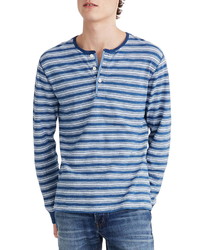 Navy and White Horizontal Striped Long Sleeve Henley Shirt