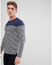 Celio Long Sleeve Top In Linen Mix With Stripe