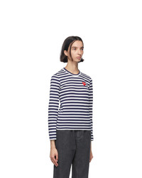 Comme Des Garcons Play Navy And White Striped Heart Patch Long Sleeve T Shirt
