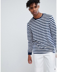 ASOS DESIGN Relaxed Velour Stripe Long Sleeve T Shirt With Contrast Rib In Navy And White
