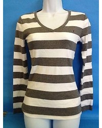 Tommy Hilfiger Womans Deep V Neck Long Sleeve Signature Flag Striped T Shirt
