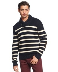 Navy and White Horizontal Striped Shawl-Neck Sweater