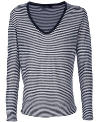 Navy and White Horizontal Striped V-neck Sweater