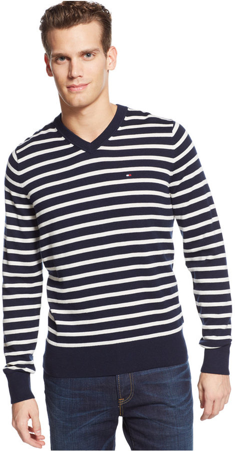 Tommy Hilfiger Mens Carrington V-Neck Striped Pullover Sweater 