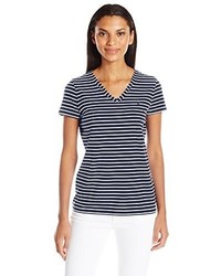 Navy and White Horizontal Striped V-neck T-shirt