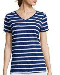 Women's Navy and White Horizontal Striped V-neck T-shirt, Navy and ...